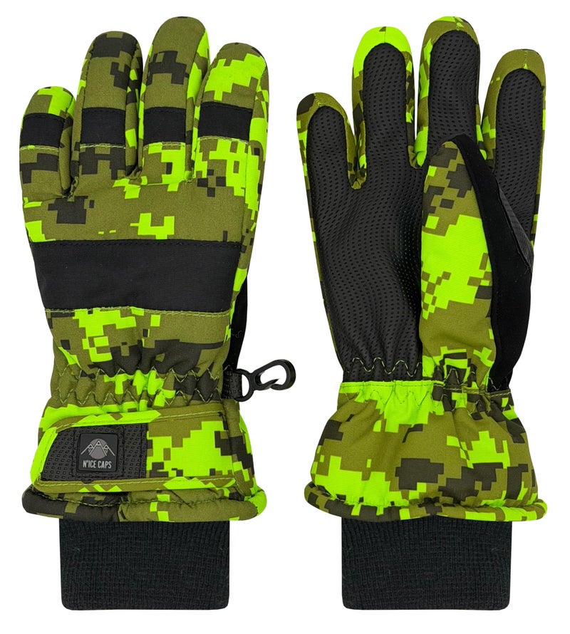 N'Ice Caps Kids Waterproof Winter Thinsulate Warm Gloves (13-15 Years, Neon Green Digital Camo) - Image 1